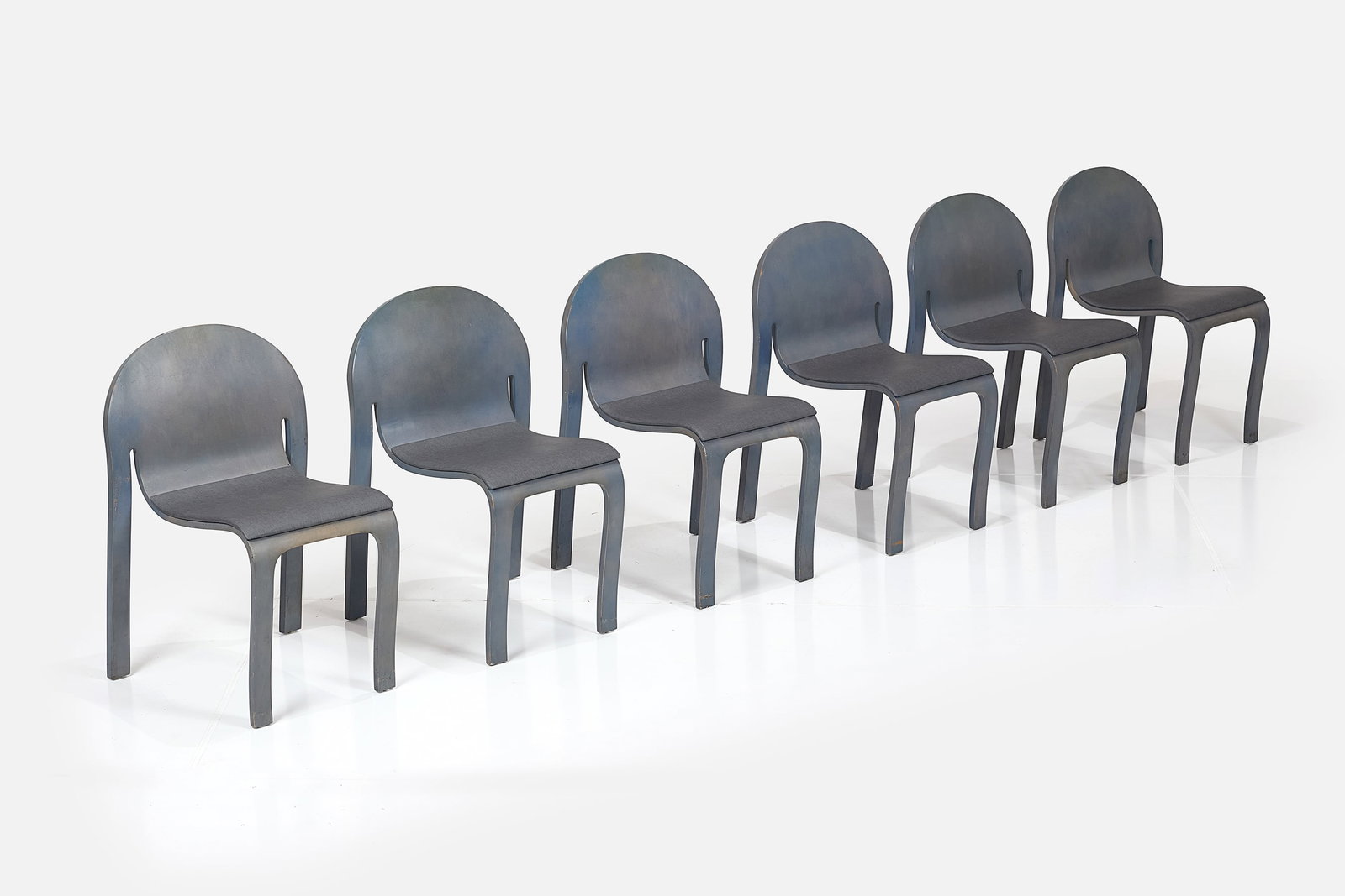 Peter Danko, 'Bodyform' Chairs (6): PETER DANKO Set of six 'Bodyform' chairs, ca. 1980 Lacquered molded plywood, Knoll 'Smart' fabric. Manufactured by Peter Danko and Associates, Inc., USA. Underside of each with