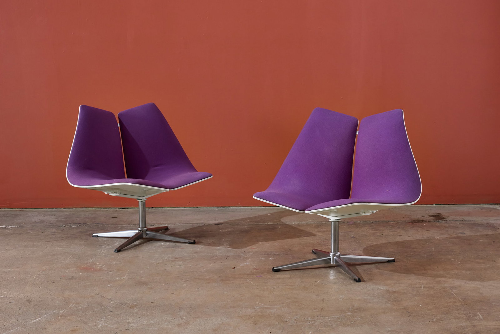 Christen Sorensen, 'Expo '67' Lounge Chairs (2): CHRISTIAN SORENSEN Pair of 'Expo '67' lounge chairs, 1960s Lacquered wood, chrome-plated steel, fabric. Manufactured by Ebena-LaSalle, Canada. Each: 29.5" H x 31.5" W x