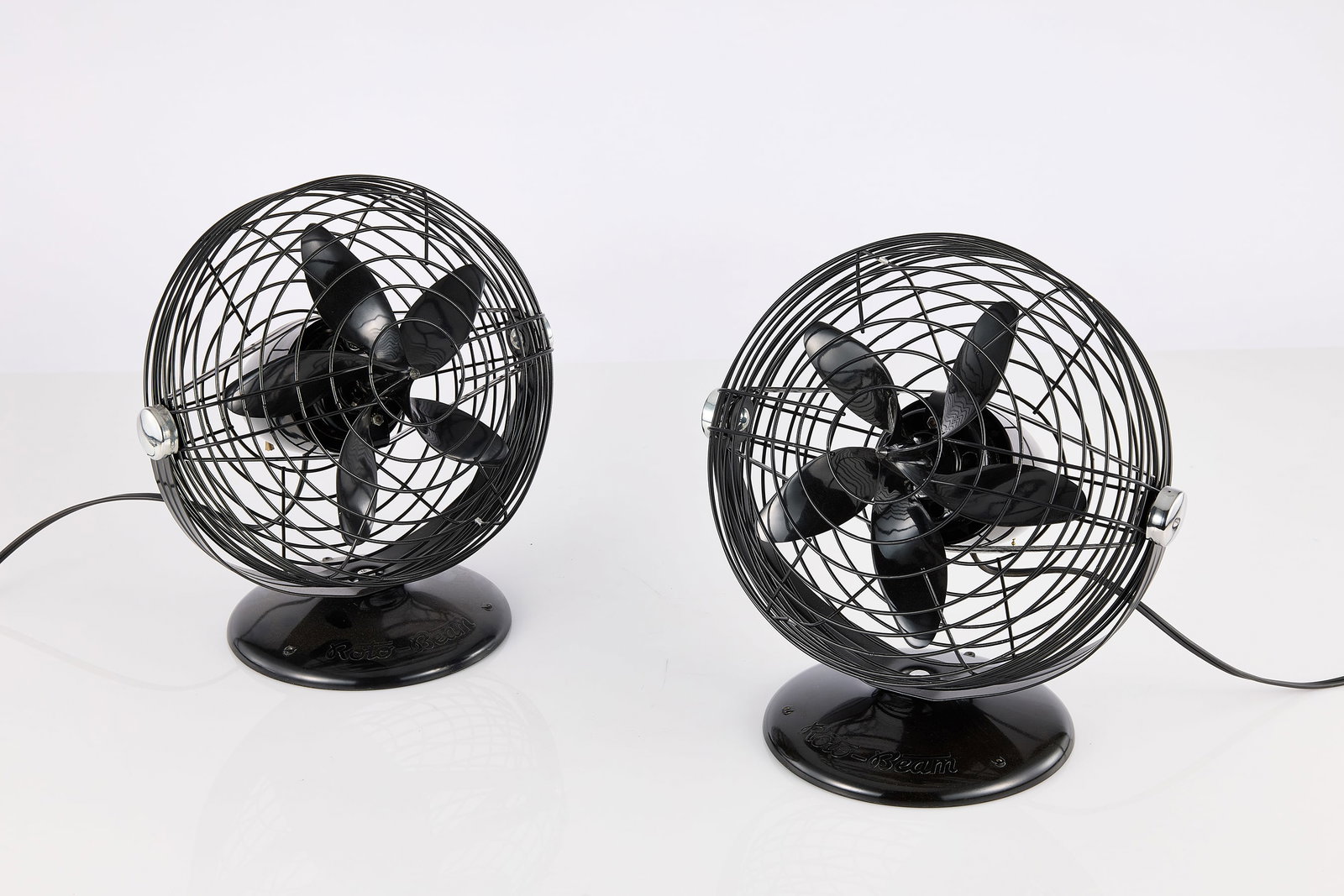 Max Weber, Roto-Beam Table Fans (2): MAX WEBER Matched pair of table fans, 1940s Steel, chromed steel, cast aluminum, bakelite. Produced by Roto-Beam Corp., Chicago, IL. Each: 16" H x 13" W x 9" D Considered 
