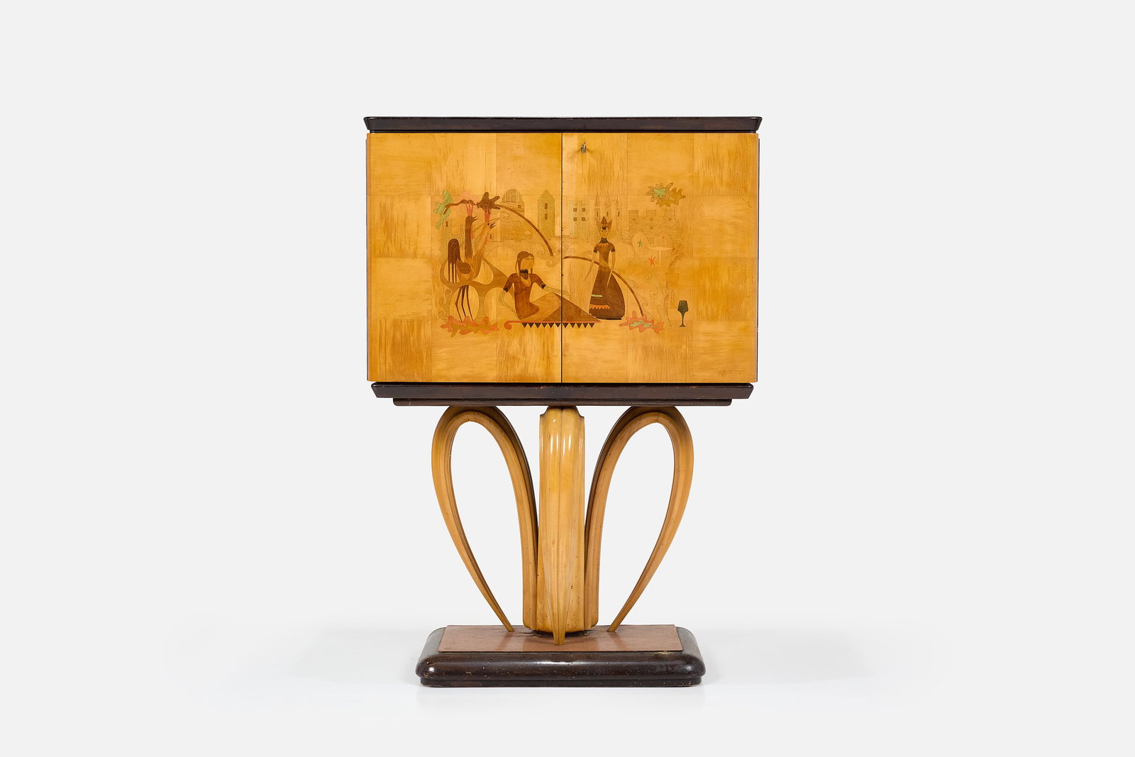 Guiseppe Anzani (Attrib.), Bar Cabinet: GUISEPPE ANZANI (Attrib.) Bar cabinet, 1940s Mahogany, various fruitwood inlay, maple, burlwood, oak, glass, mirrored colored glass, aluminum, brass. Produced in Italy. 58" H x 40" W