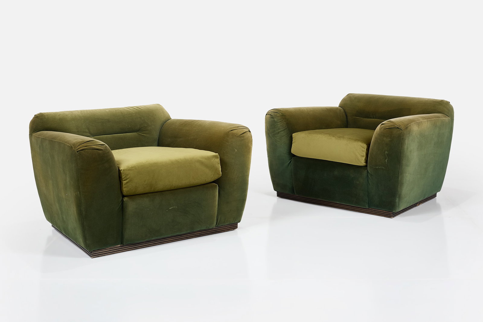 Art Deco, Club Chairs (2): ART DECO Pair of club chairs, 1930s Velvet, mahogany. 27" H x 44" W x 33" D Seat height: 19" 