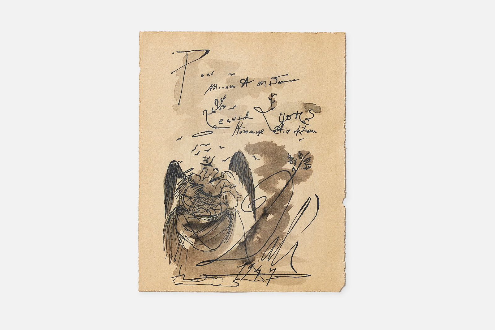 Salvador Dali, Untitled (Angel with Child) Drawing: SALVADOR DALI (Spanish, 1904-1989) Untitled (Angel with Child), 1947 Ink and ink wash on wove paper. Signed and dated lower right. Illegible dedication on top portion, in French. This piece has