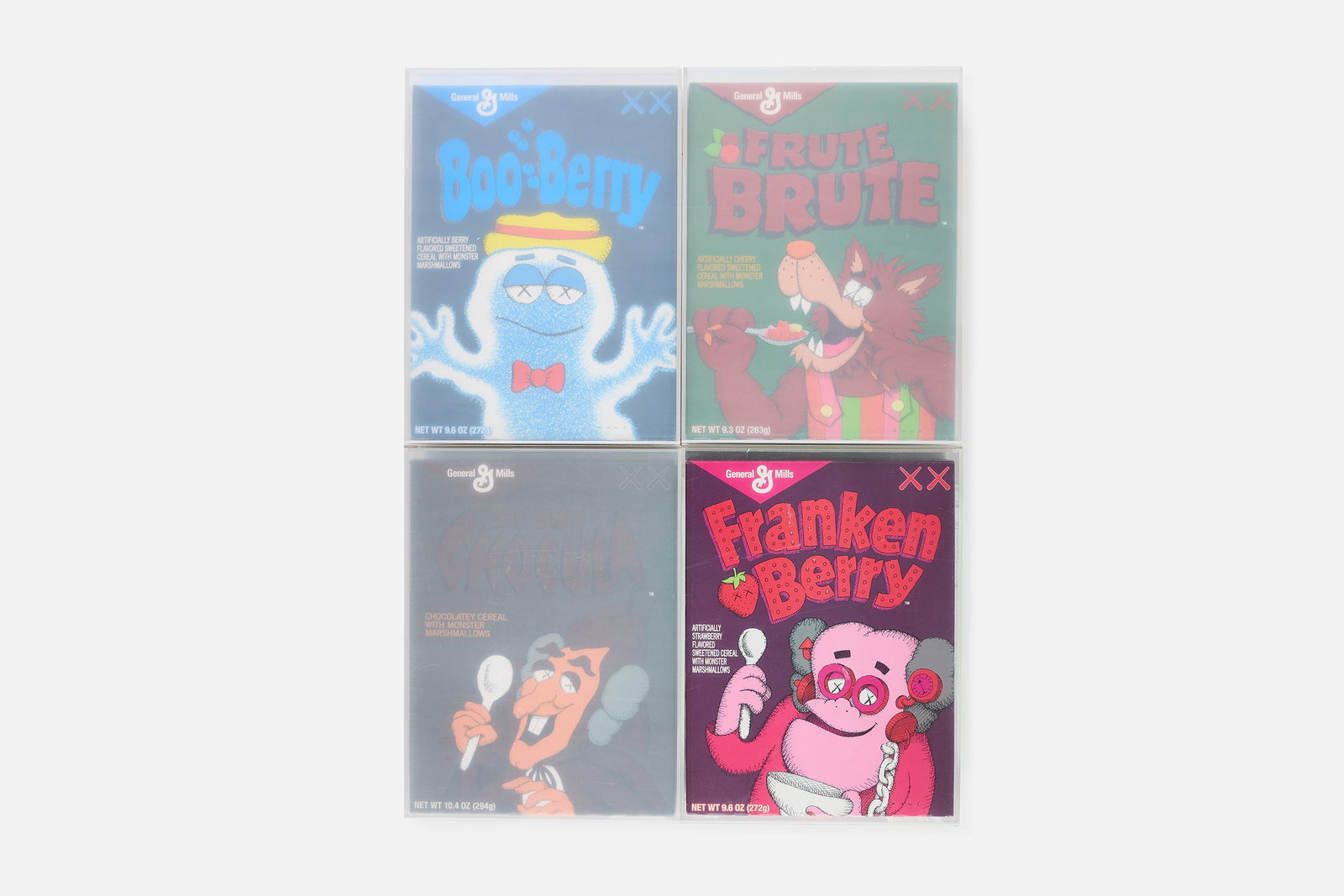 KAWS X General Mills, 'Monsters' Cereal Boxes (4): KAWS (BRIAN DONNELLY) X GENERAL MILLS Set of four 'Monsters' cereal boxes, 2022 Offset lithograph in colors on cardboard, encased in acrylic. Published by General Mills, USA. 