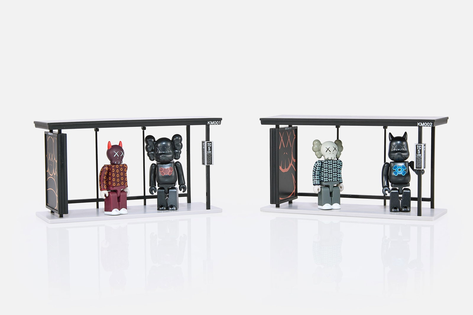 KAWS X Kubrick, 'Bus Stops' (2): KAWS (BRIAN DONNELLY) x KUBRICK Two 'Bus Stop Volumes 1 + 2' figure sets, 2002 Painted vinyl. Manufactured by Medicom Toy Corporation, Japan. Each, boxed: 8.5" H x 8.5" W x