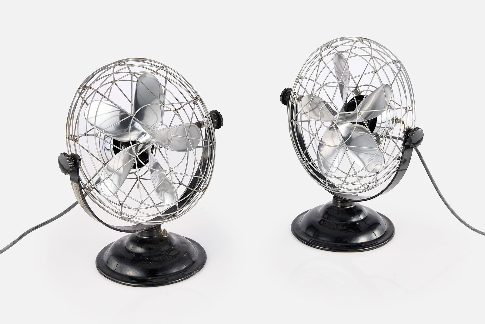 Max Weber, Roto-Beam Table Fans (2): MAX WEBER Pair of table fans model no. 112, 1930s Porcelainized steel, chromed steel, cast aluminum. Produced by Roto-Beam Corp., Chicago, IL. Considered one of the earliest modern fans. Blade design