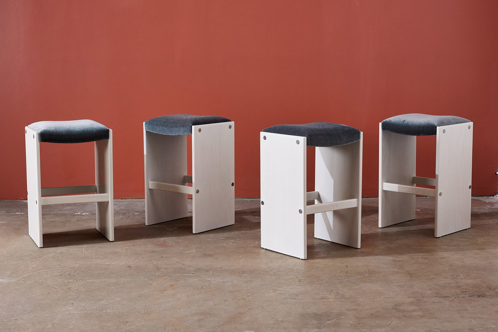 Custom, Barstools (4): CUSTOM Set of four barstools, ca. 2010 Painted wood, velvet, steel. Custom-made, USA. Each: 30.5" H x 18.5" W x 16.5" D 