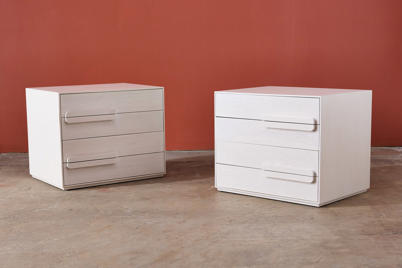 Custom, Nightstands (2): CUSTOM Pair of nightstands, ca. 2014 Painted oak. Each: 26.25" H x 32" W x 24" D 