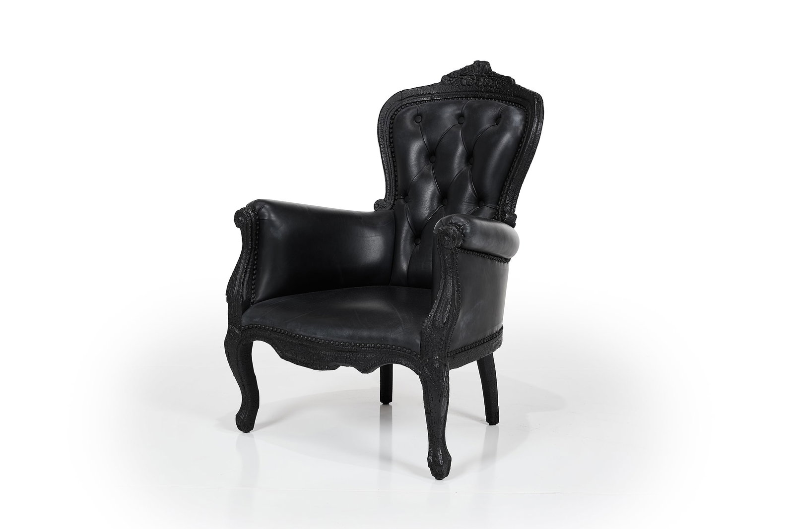 Maarten Baas, 'Where There's Smoke' Chair:  MAARTEN BAAS 'Where There's Smoke' chair, Charred wood, leather. Manufactured by Moooi, The Netherlands. Metal manufacturer's label to the underside 'Moooi Smoke