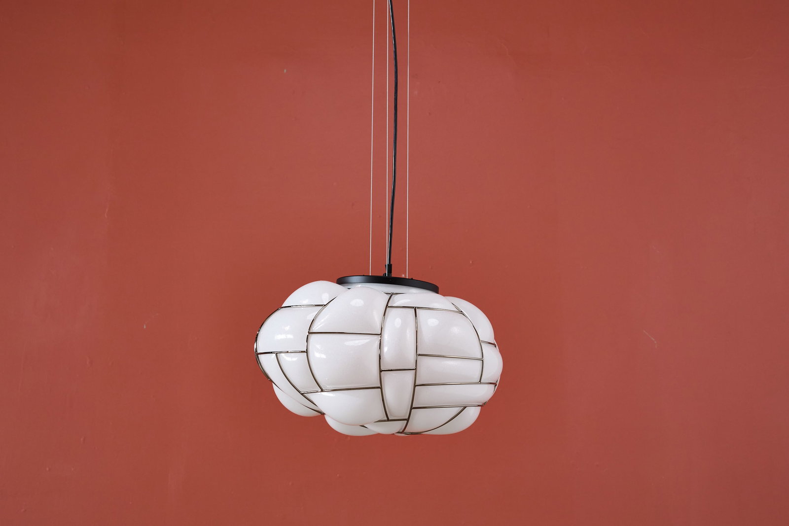 Enrico Franzolini, 'Egg' Pendant Lamp: ENRICO FRANZOLINI 'Egg' pendant lamp, 21st century Chrome-plated steel, opaque blown glass. Produced by Pallucco, Italy. Pendant only: 11.75" H x 19.5" W x 16.5"