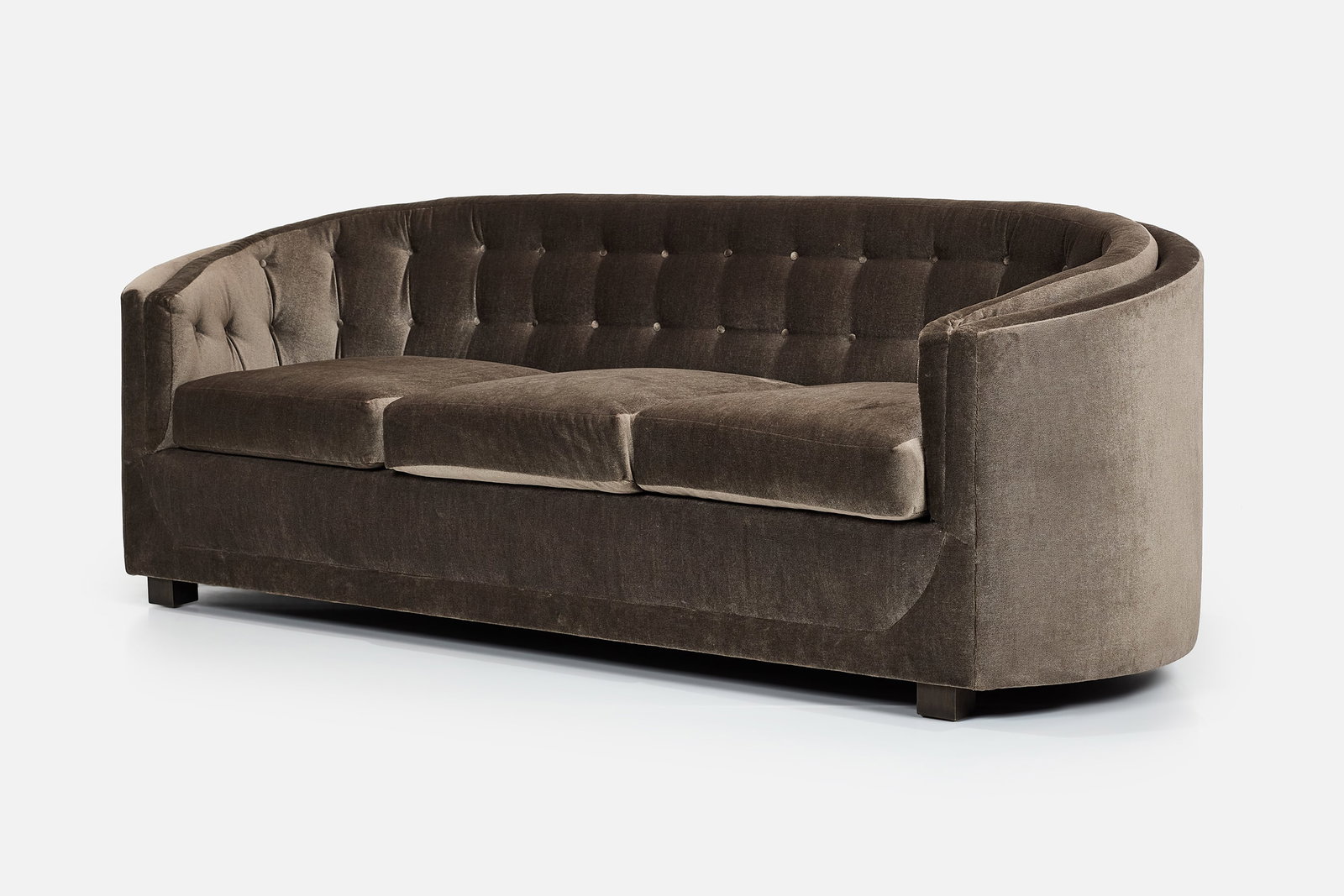 Custom, Curved Sofa: CUSTOM Curved sofa, 2020s Velvet, brass. Custom-made, USA. 34" H x 96" W x 38" D Seat height: 20" 