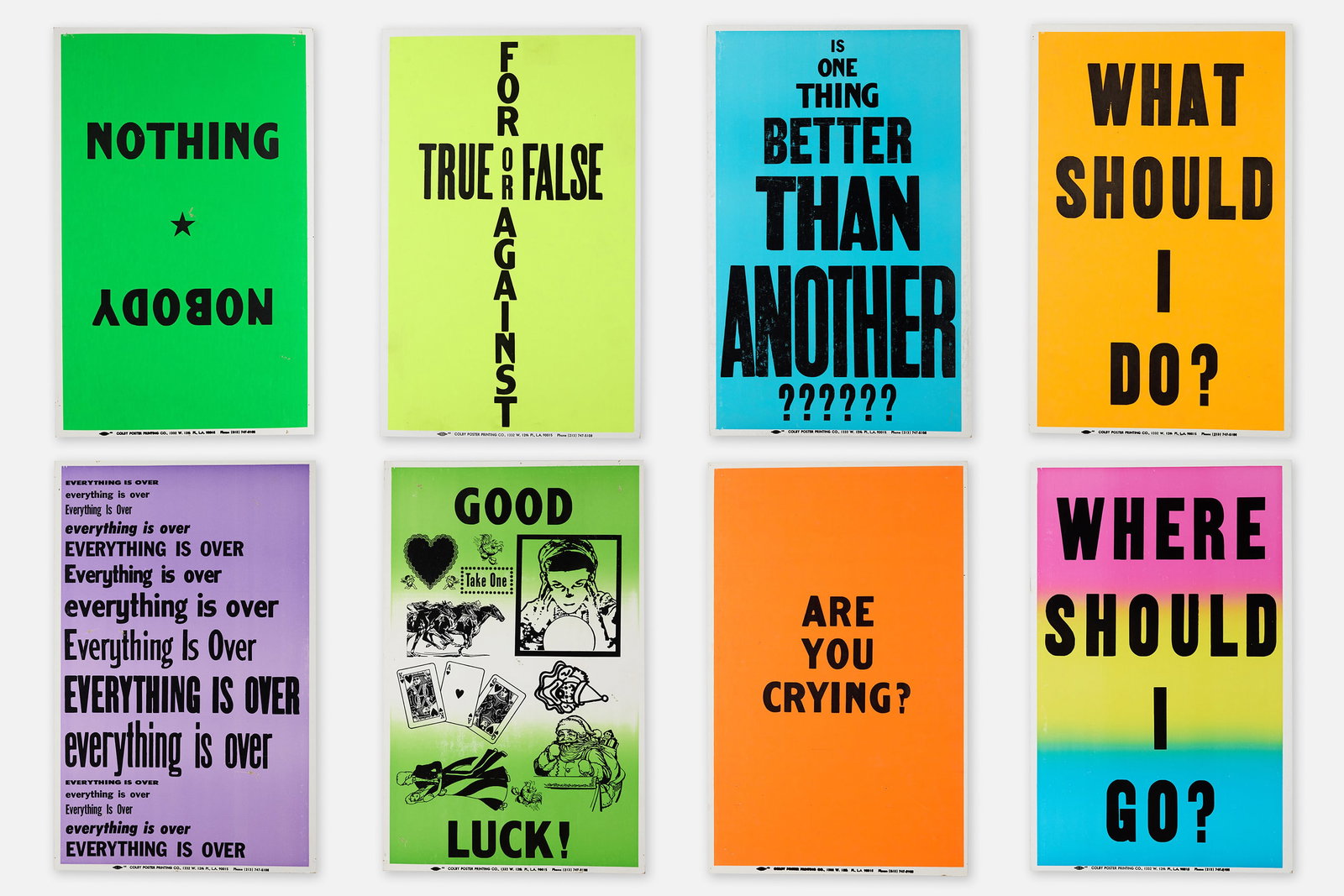 Allen Ruppersberg, Posters (8): ALLEN RUPPERSBERG Set of eight posters Silkscreen on cardstock. Printed by Colby Poster Printing Co., Los Angeles, CA. Each: 22" x 14" 