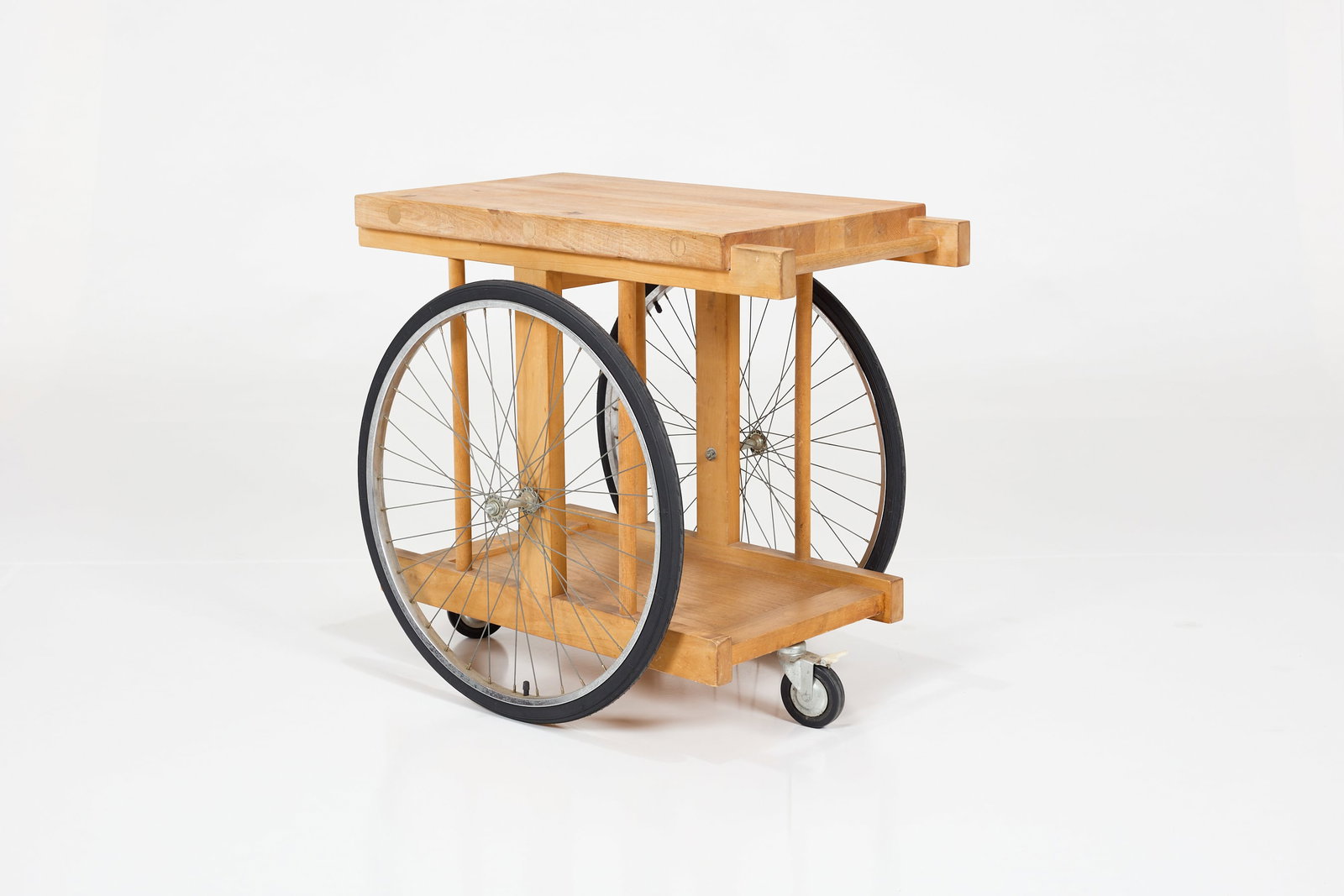 Bill W. Saunders, Serving Cart: BILL W. SAUNDERS Serving cart, ca. 1964 Butcherblock, bicycle wheels. Studio-made, USA. 30" H x 34" W x 22" D 
