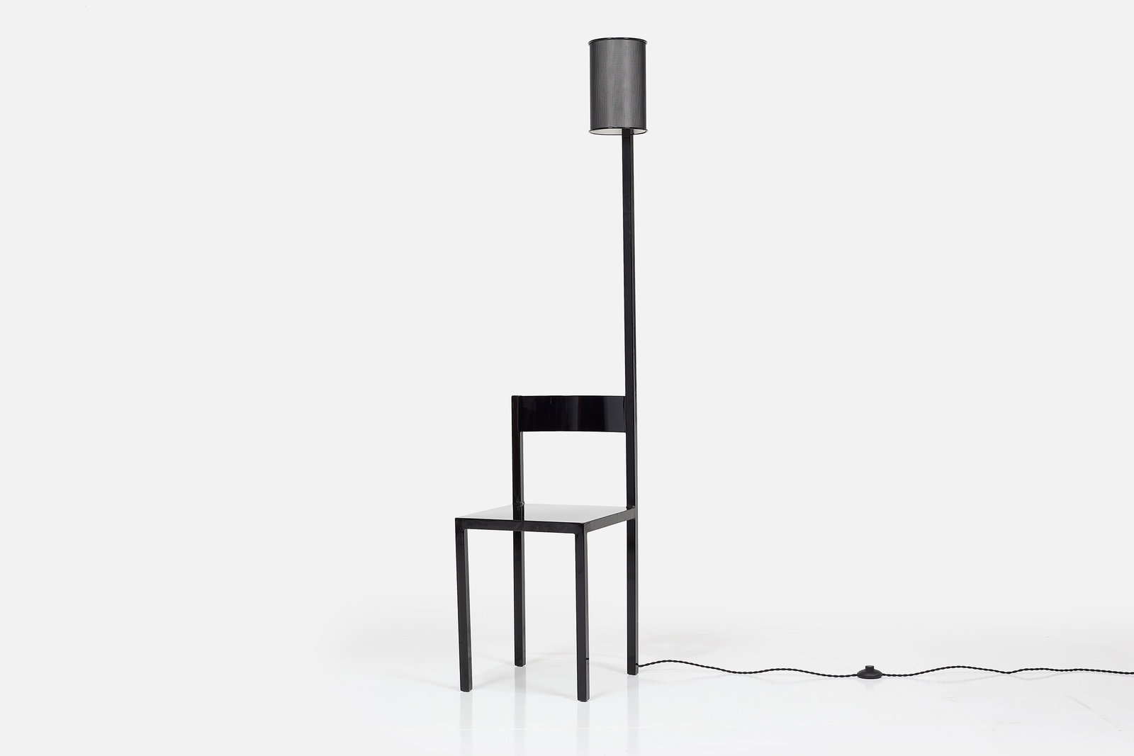 Grady Borte, 'Electric Chair No. 3': GRADY BORTE 'Electric Chair No. 3' with integrated lamp, 2026 Painted reclaimed steel, paper. Studio-made, Los Angeles, CA. 68" H x 16" W x 15" D Grady
