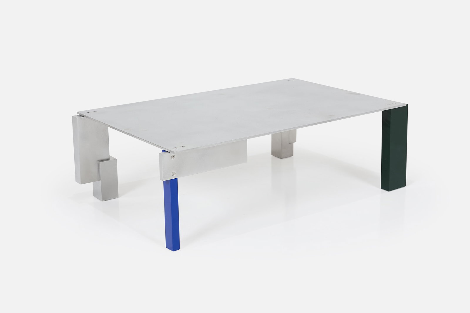 Claire Markwick-Smith, Low 'Surface (Blocks)' Coffee Table: CLAIRE MARKWICK-SMITH Low 'Surface (Blocks)' coffee table, 2026 Polished aluminum, powder-coated aluminum, stainless steel. Studio-made, Los Angeles, CA. 12" H x 35" W x