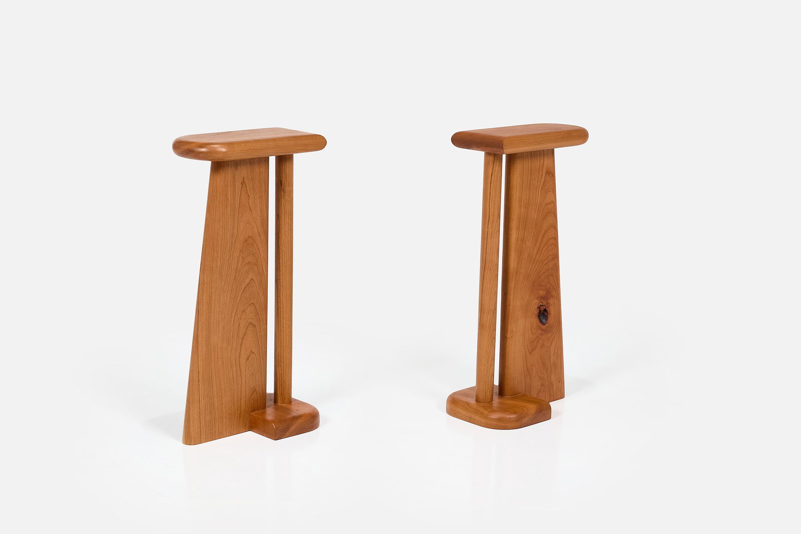 Snyder DePass, 'Temple' Drinking Tables (2): SNYDER DEPASS Pair of 'Temple' drinking tables, 2026 Cherry. Studio-made, Los Angeles, CA. Undersides with branded artist's mark. Each: 24" H x 8" W x 12" D 