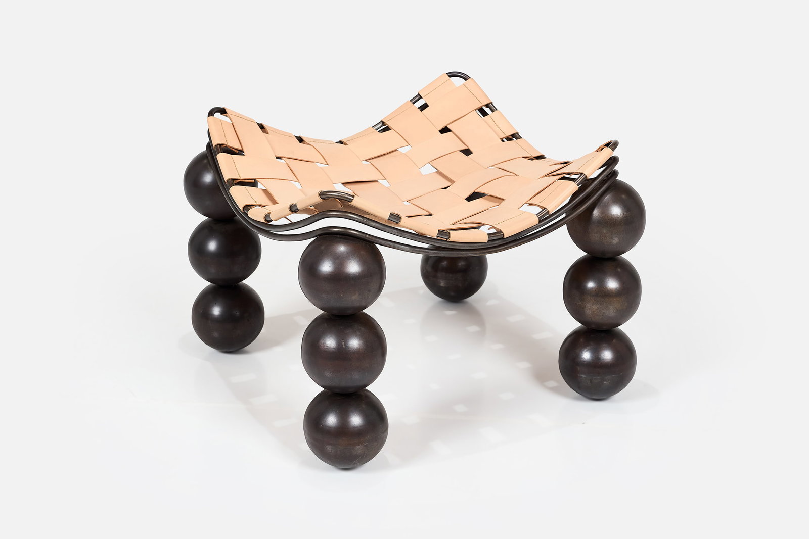 Joseph Santiago-Dieppa, Stool: JOSEPH SANTIAGO-DIEPPA Stool, 2025 Steel, vegetable-tanned leather. Studio-made, Los Angeles, CA. Signed underneath the seat. 20.5" H x 26" W x 26" D Joseph