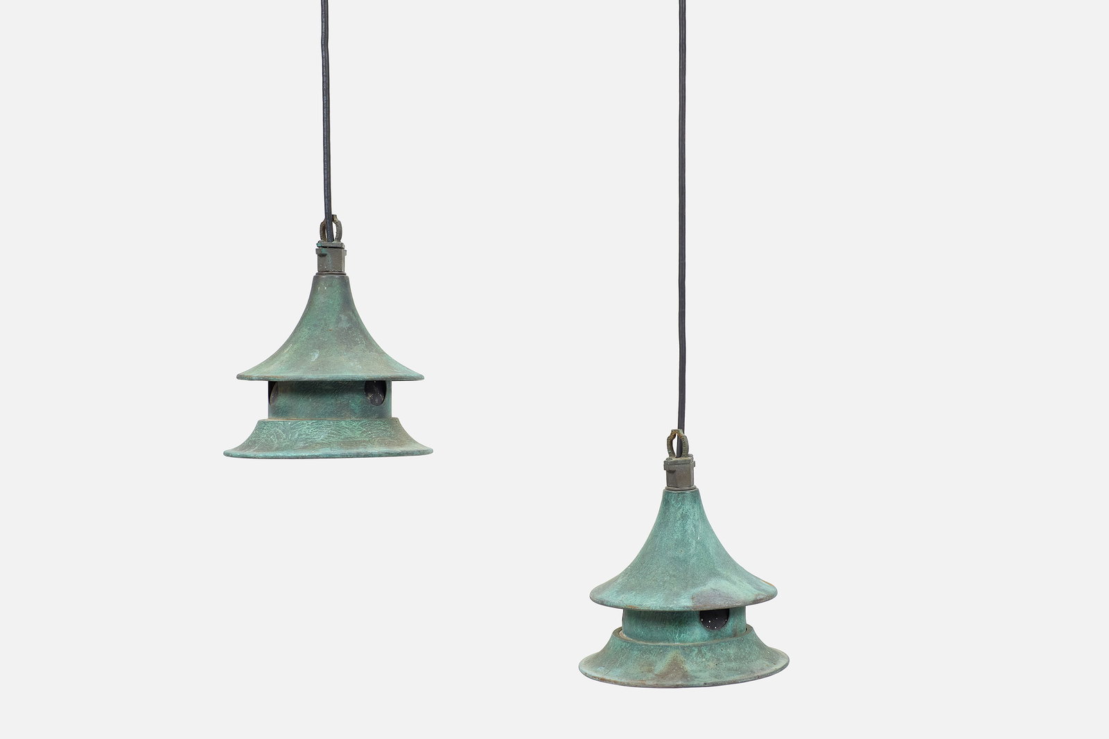 Frank Nightingale, Pendant Lamps (2): FRANK NIGHTINGALE Pair of pendant lamps, 1950s Patinated metal. Manufactured by Kim Manufacturing, Co., USA. Top molded with "KIM MAN CO. L.A. CA". Each: 11" H x 9.5"