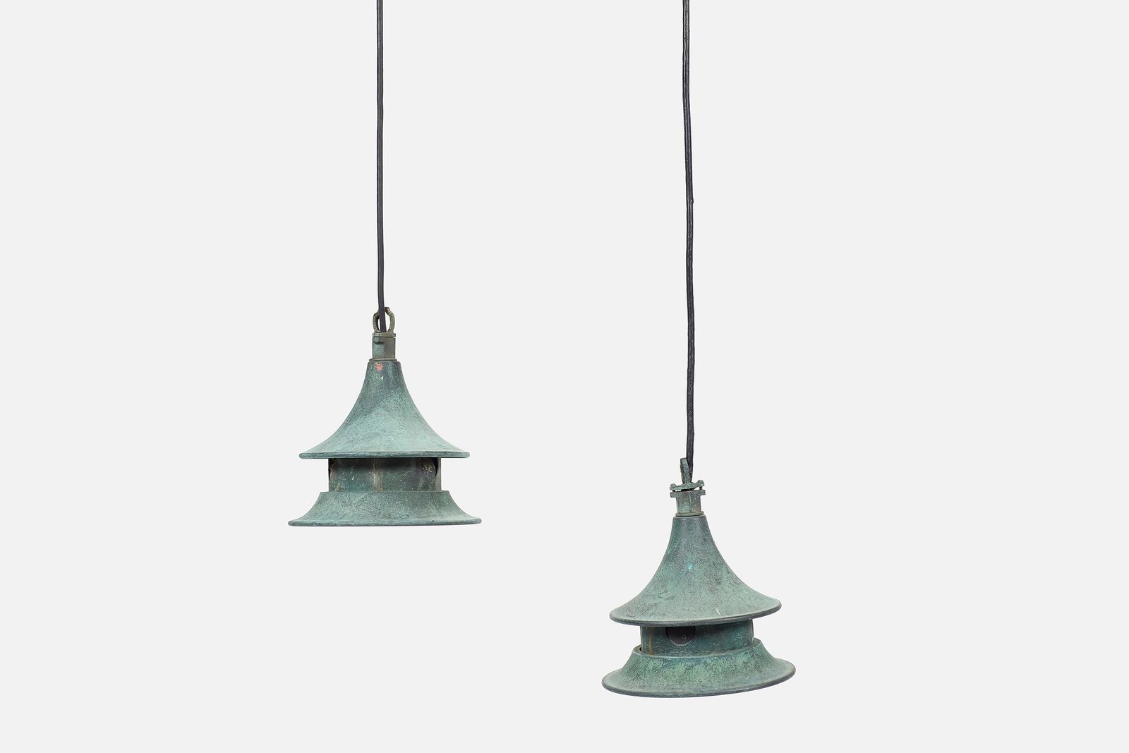 Frank Nightingale, Pendant Lamps (2): FRANK NIGHTINGALE Pair of pendant lamps, 1950s Patinated metal. Manufactured by Kim Manufacturing, Co., USA. Top molded with "KIM MAN CO. L.A. CA". Each: 11" H x 9.5"