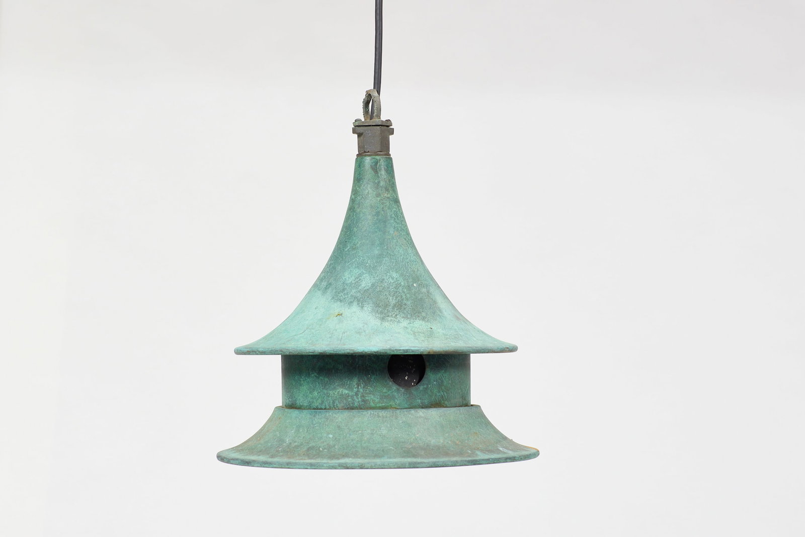 Frank Nightingale, Pendant Lamp: FRANK NIGHTINGALE Pendant lamp, 1950s Patinated metal. Manufactured by Kim Manufacturing, Co., USA. Top molded with "KIM MAN CO. L.A. CA". 14" H x 12.5" Diameter 