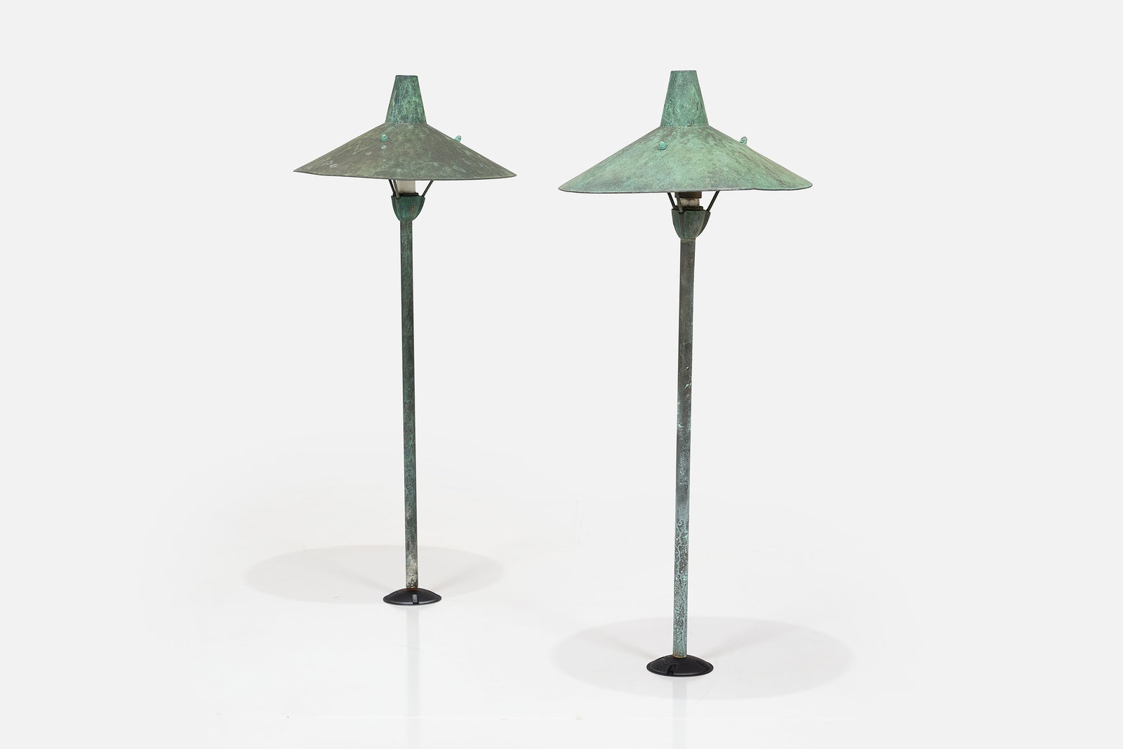 Frank Nightingale, Standing Lamps (2): FRANK NIGHTINGALE Pair of standing lamps, model no. 2308, 1950s Patinated metal. Manufactured by Kim Manufacturing, Co., USA. Each: 40" H x 17" Diameter 