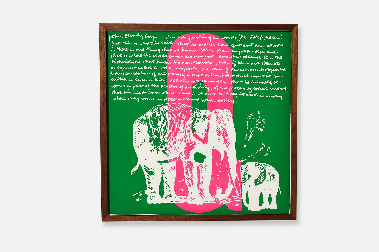 Corita Kent (Sister Mary Corita), 'q elephant's q': CORITA KENT (SISTER MARY CORITA) 'q elephant's q', 1968 Serigraph. Signed in pencil at lower right "Corita". Overall, framed: 24" H x 24" W Sight size: