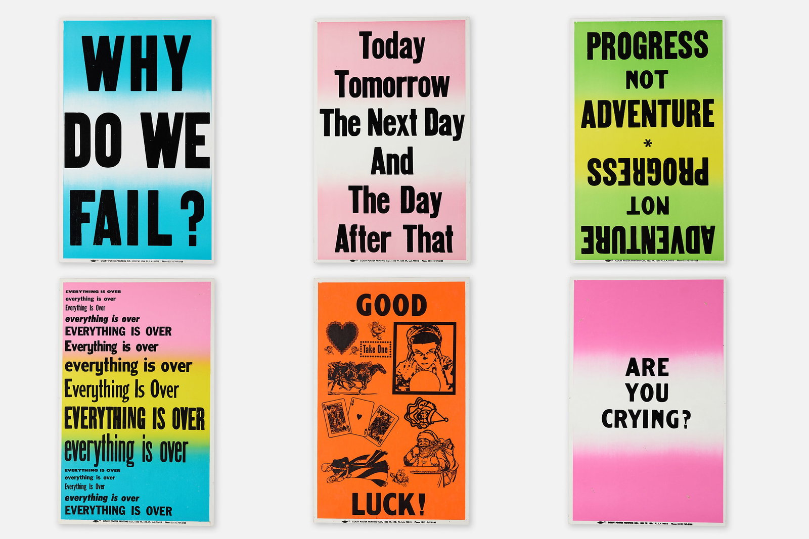 Allen Ruppersberg, Posters (6): ALLEN RUPPERSBERG Set of six posters Silkscreen on cardstock. Printed by Colby Poster Printing Co., Los Angeles, CA. Each: 22" x 14" 