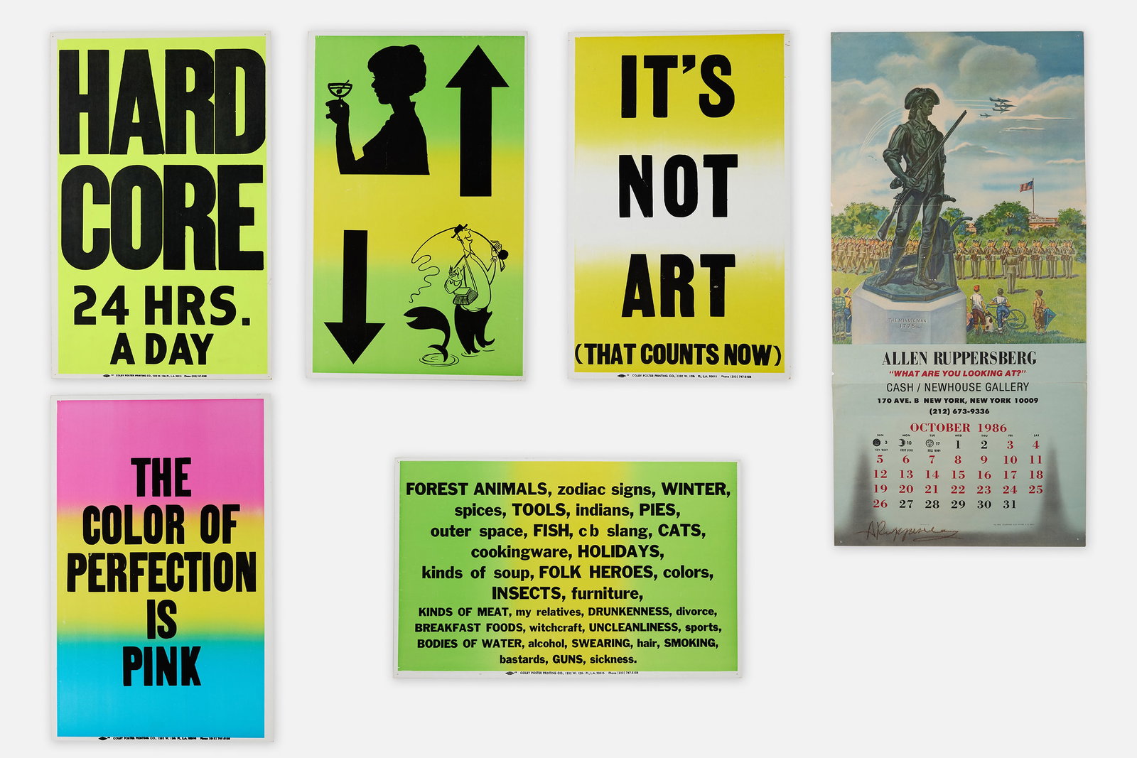 Allen Ruppersberg, Posters (7): ALLEN RUPPERSBERG Set of six posters Silkscreen on cardstock. Printed by Colby Poster Printing Co., Los Angeles, CA. Each: 22" x 14" 