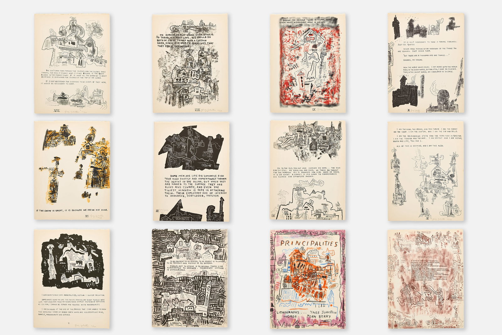 Ynez Johnston, 'Principalities' Portfolio: YNEZ JOHNSTON 'Principalities' complete portfolio, 1966 Comprising 12 lithographs printed in colors on Arches paper. Published by Tamrarind, USA. Tamrarind blindstamp. Each signed in pencil