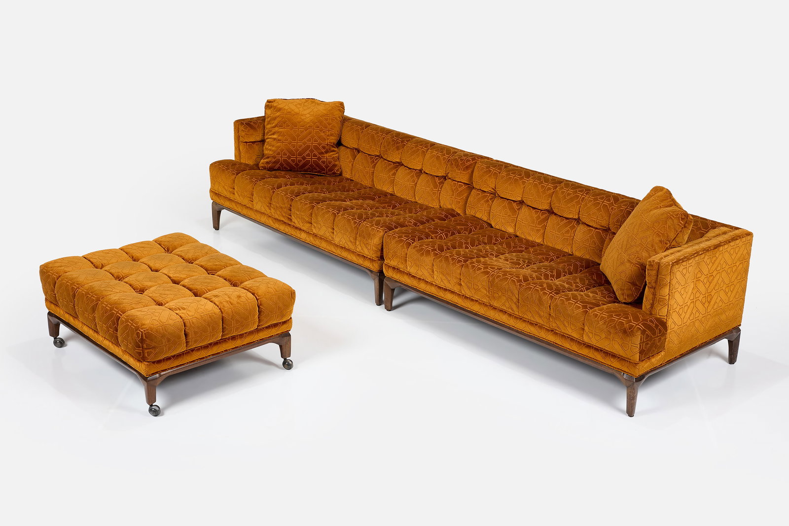 Maurice Bailey, Two-Piece Sofa + Ottoman (3): MAURICE BAILEY Two-part sofa and ottoman, 1977 Velvet, walnut. Manufactured by Monteverdi-Young, USA. Underside of each with manufacturer's label. Overall: 25" H x 122" W x