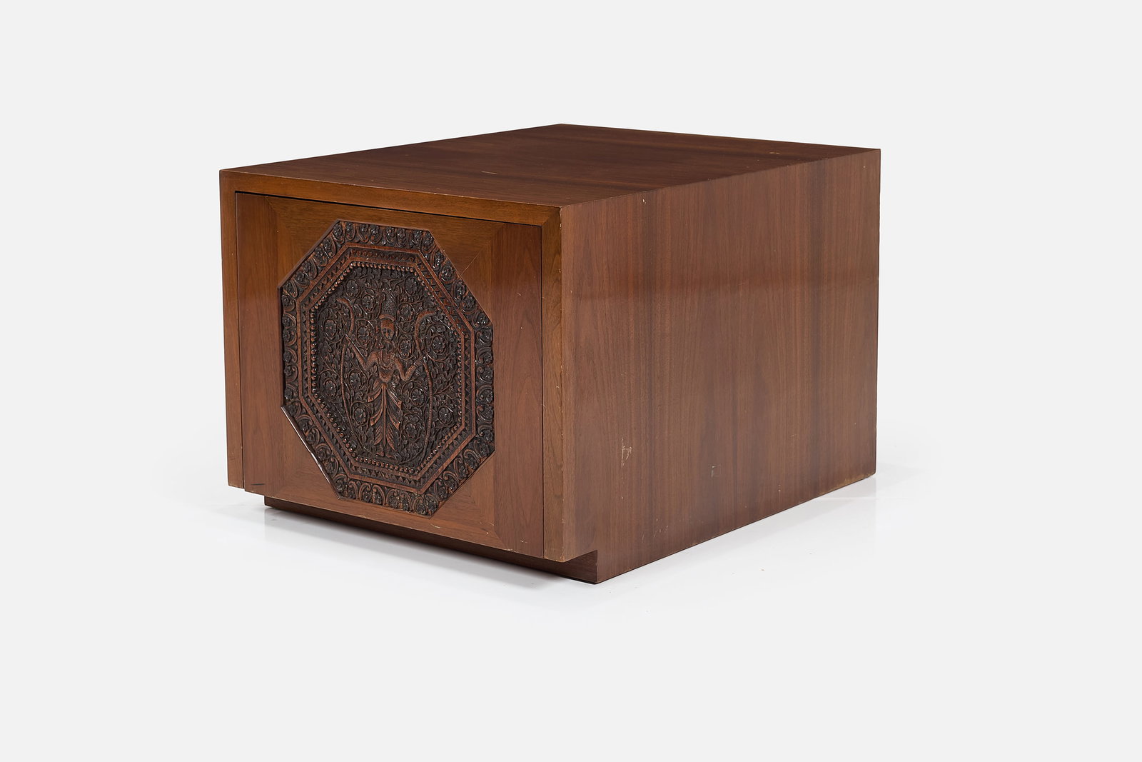 Maurice Bailey, End Table: MAURICE BAILEY End table with storage, 1970s Walnut. Manufactured by Monteverdi-Young, Los Angeles, CA. 22" H x 27" W x 34" D 