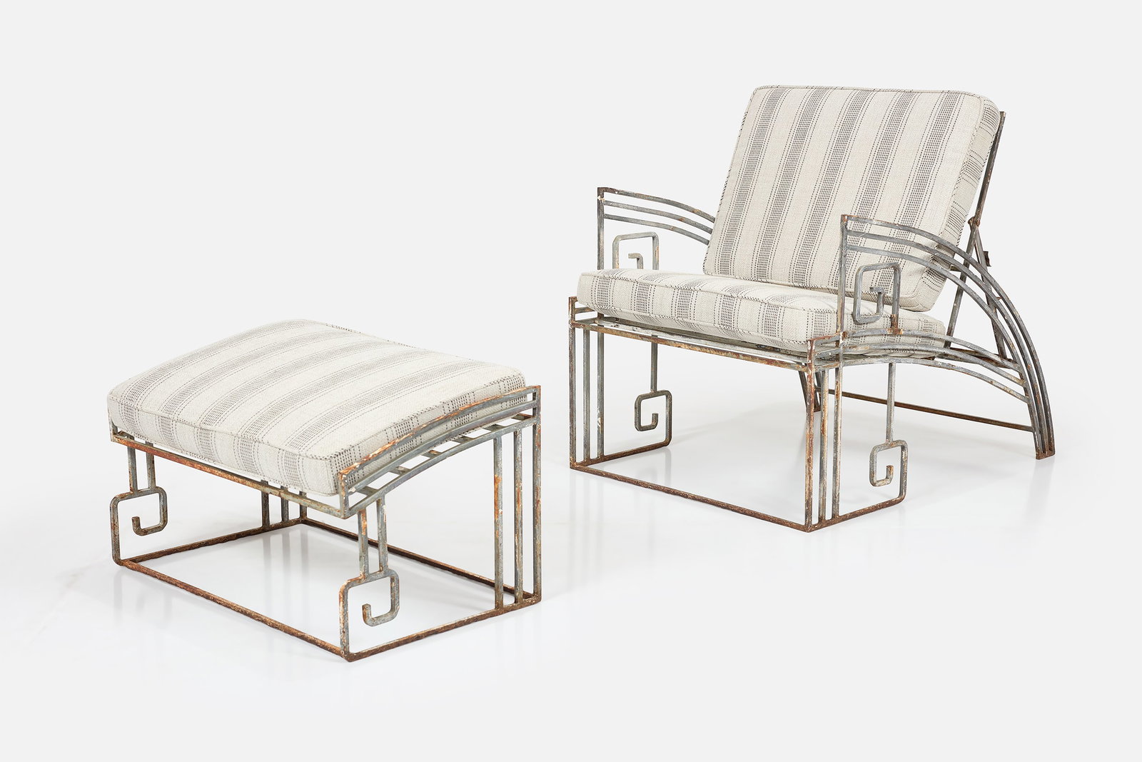 Marina McDonald, 'Biltmore' Lounge Chair + Ottoman (2): MARINA MCDONALD 'Biltmore' lounge chair and ottoman, 1980s Iron, fabric. Produced by Jazz Furnishings, Los Angeles, CA. Chair: 36.75" H x 32.25" W x 46" D Seat heig