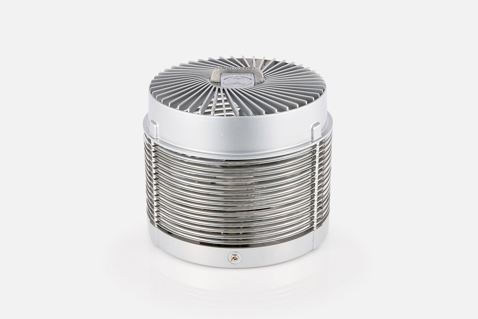 J. T. Roffy, Machine Age Hassock Fan: J. T. ROFFY Hassock fan, 1946 Aluminum, steel. Produced by MotionAire, Los Angeles, CA. 13" H x 13" Diameter 