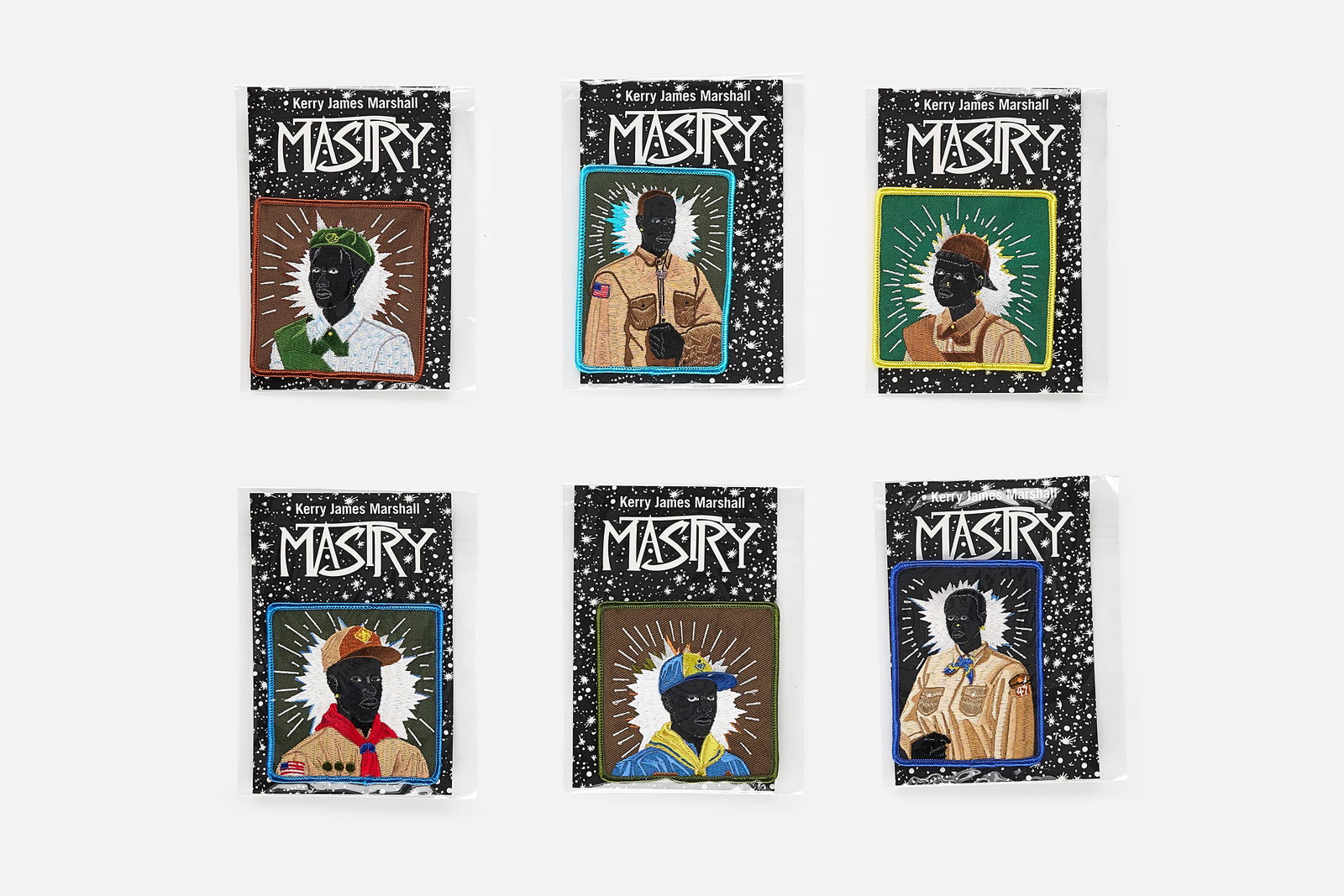 Kerry James Marshall, 'Scout Series' Embroidered Patches (6): KERRY JAMES MARSHALL Complete set of six 'Scout Series' patches, 2017 Embroidered rayon thread on poly twill backing. Published by MOCA, Los Angeles, on the occasion of 'Kerry James