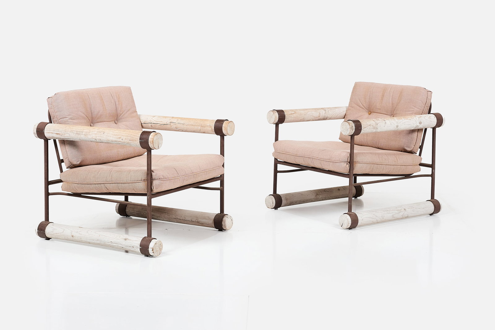 Cleo Baldon, Lounge Chairs (2): CLEO BALDON Pair of lounge chairs, 1960s Iron, wood. Produced by Terra, Los Angeles, CA. Each: 28.5" H x 29.5" W x 29.75" D Seat height: 12" 