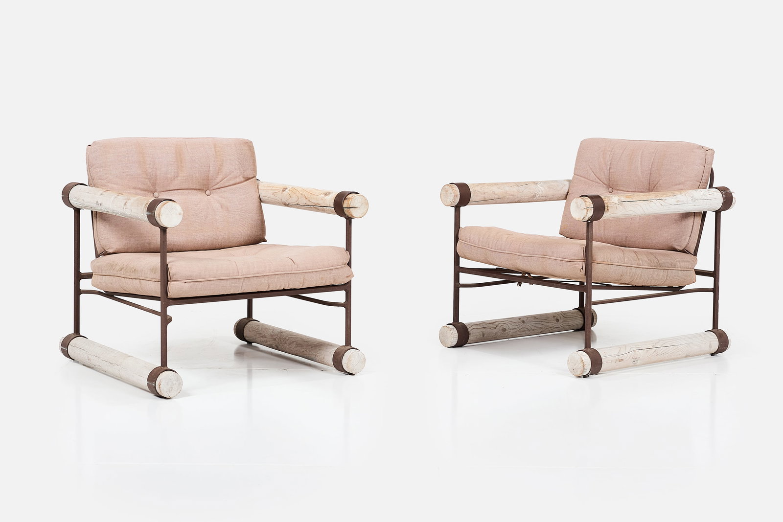 Cleo Baldon, Lounge Chairs (2): CLEO BALDON Pair of lounge chairs, 1960s Iron, wood. Produced by Terra, Los Angeles, CA. Each: 28.5" H x 29.5" W x 29.75" D Seat height: 12" 