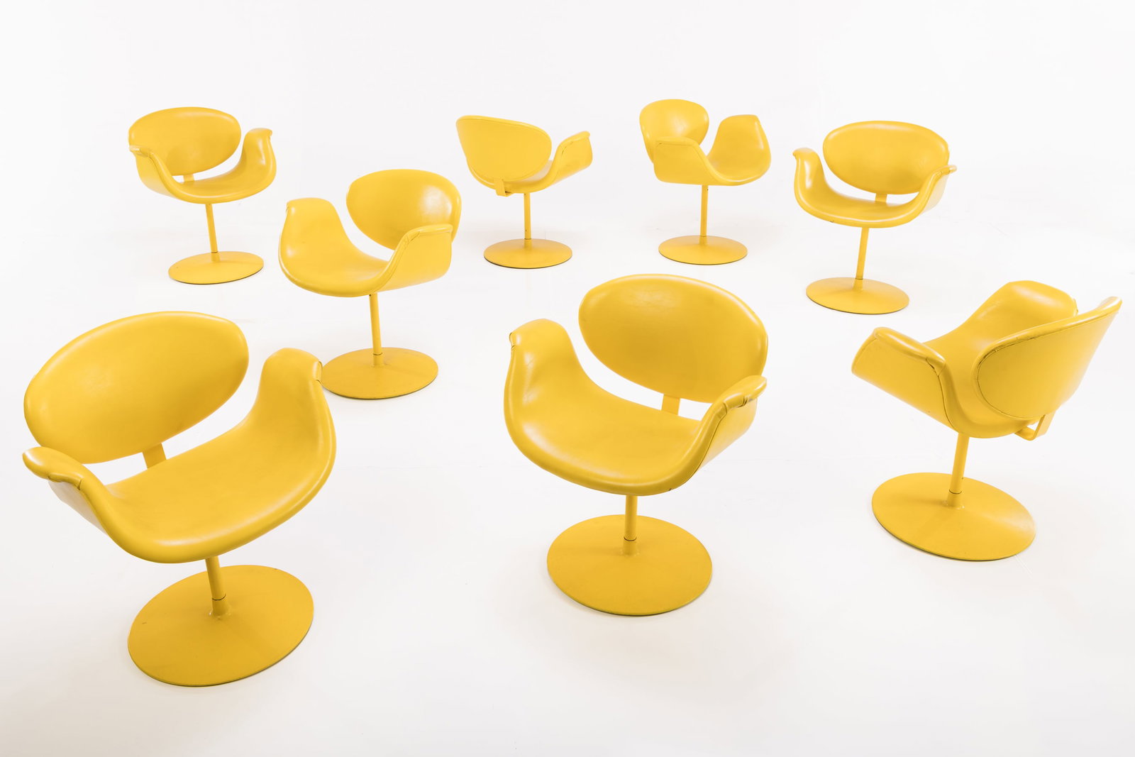 Pierre Paulin, 'Little Tulip' Chairs (8): PIERRE PAULIN Set of eight 'Little Tulip' chairs, 2000s Leather, lacquered steel. Manufactured by Artifort, France / The Netherlands. Underside cast with "ARTIFORT". 
