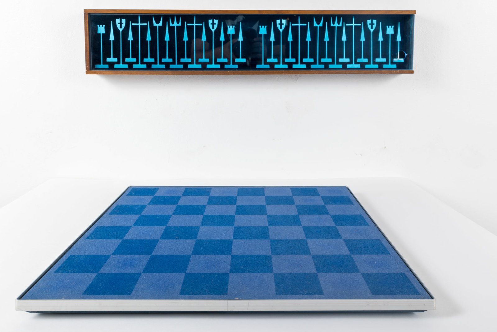 Austin Cox, Chess Set (2): AUSTIN COX Chess set, including 32 pieces, wall-mounted box, and original board, 1962 Aluminum, walnut, acrylic, felt. Produced by Austin Enterprises for ALCOA, USA. Each piece stamped "Austin En