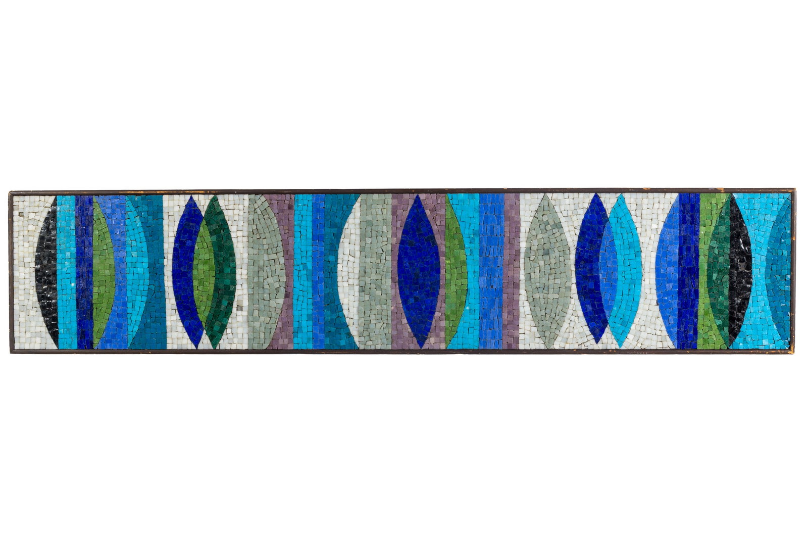 Evelyn + Jerome Ackerman, 'Elipses' Mosiac Panel: EVELYN + JEROME ACKERMAN 'Elipses' mosaic panel, ca. 1958 Glass tiles on Masonite, wood. Studio-made for ERA Industries, USA. With ERA Industries label verso. 12.5" H x 60" W