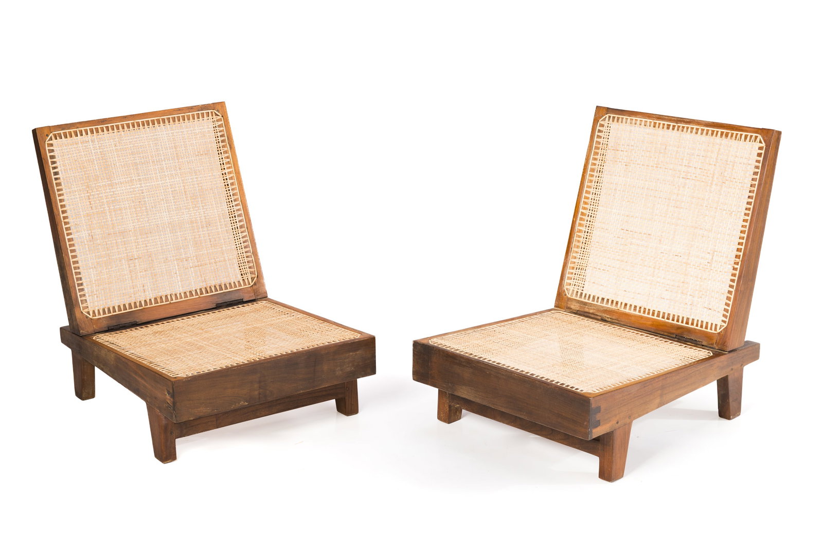 Pierre Jeanneret, Folding Lounge Chairs (2): PIERRE JEANNERET Pair of folding lounge chairs, from Chandigarh, ca. 1955 Stained teak. Produced in France / India for Punjab University, Chandigarh, India. Each with