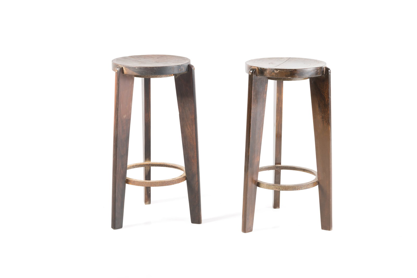 Pierre Jeanneret, Tall Stools (2): PIERRE JEANNERET Pair of tall stools, from Chandigarh, ca. 1955 Teak, painted steel. Produced in France / India for Punjab University, Chandigarh, India. Each painted with letters