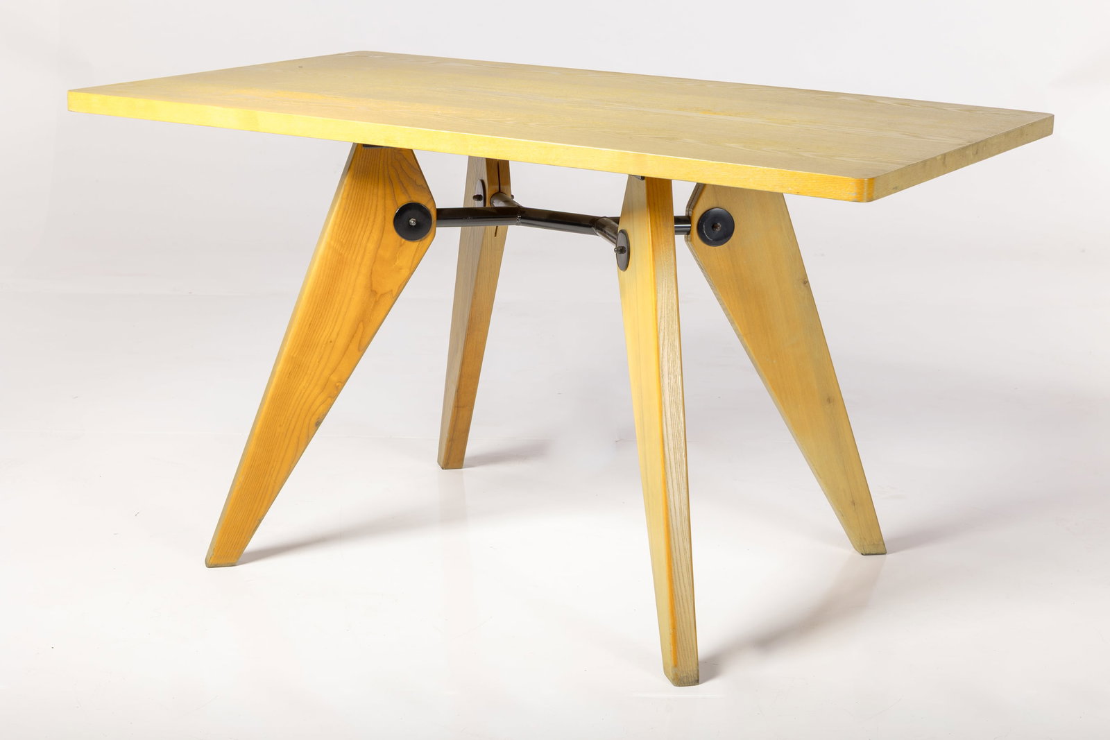 Jean Prouve Style, Table: JEAN PROUVE STYLE Table, 1980s Oak, lacquered metal. 29" H x 51.25" W x 31.5" D