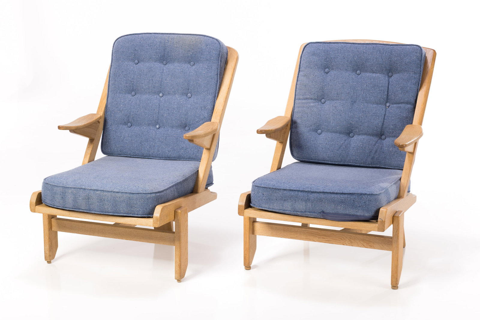 Robert Guillerme + Jacques Chambron, Lounge Chairs (2): ROBERT GUILLERME + JACQUES CHAMBRON Pair of lounge chairs, ca. 1960 Oak, fabric. Manufactured by Votre Maison, France. Each: 35" H x 27" W x 32" D Seat height: 16.5"