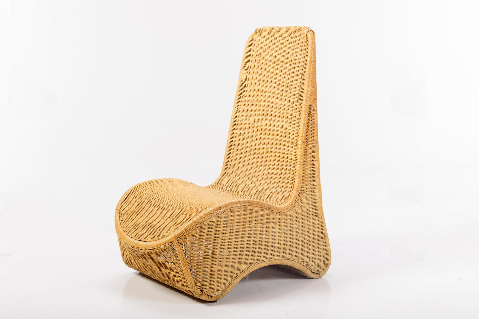 Modern, Sculptural Chair: MODERN Sculptural chair, 1970s Wicker, bamboo. 43" H x 24" W x 32" D Seat height: 16"