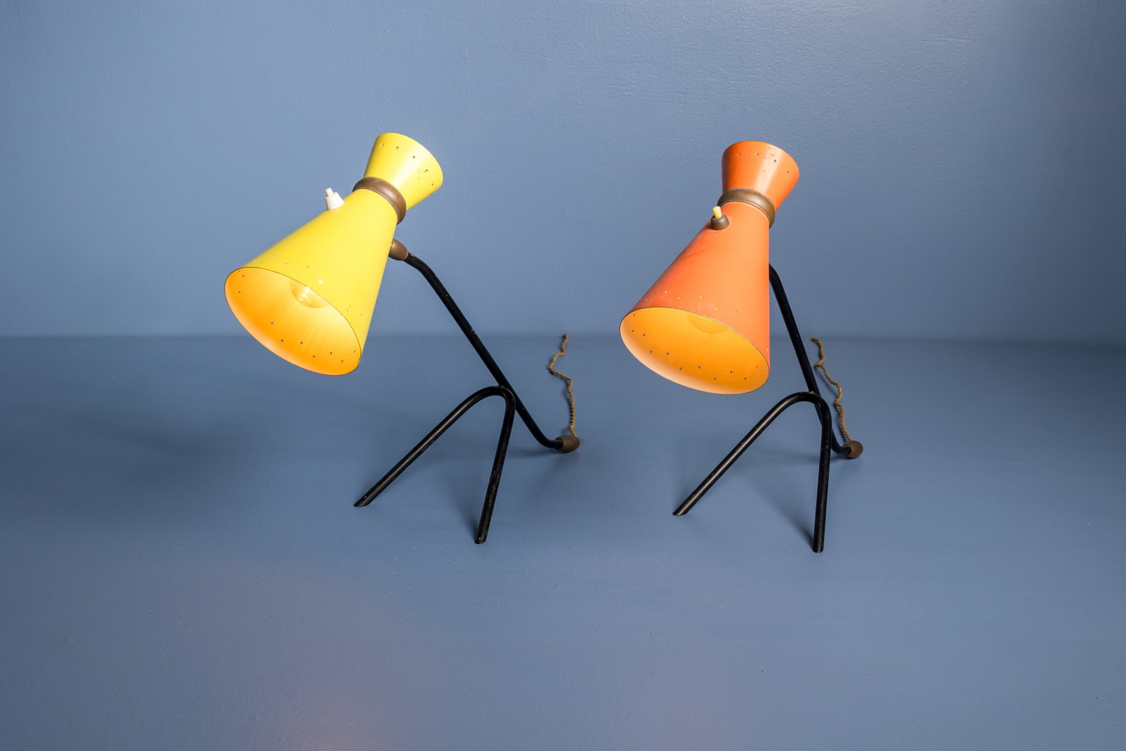French, Desk Lamps (2): FRENCH Pair of desk lamps, 1950s Painted aluminum, steel, brass. Each: 14" H x 18" W x 6" D