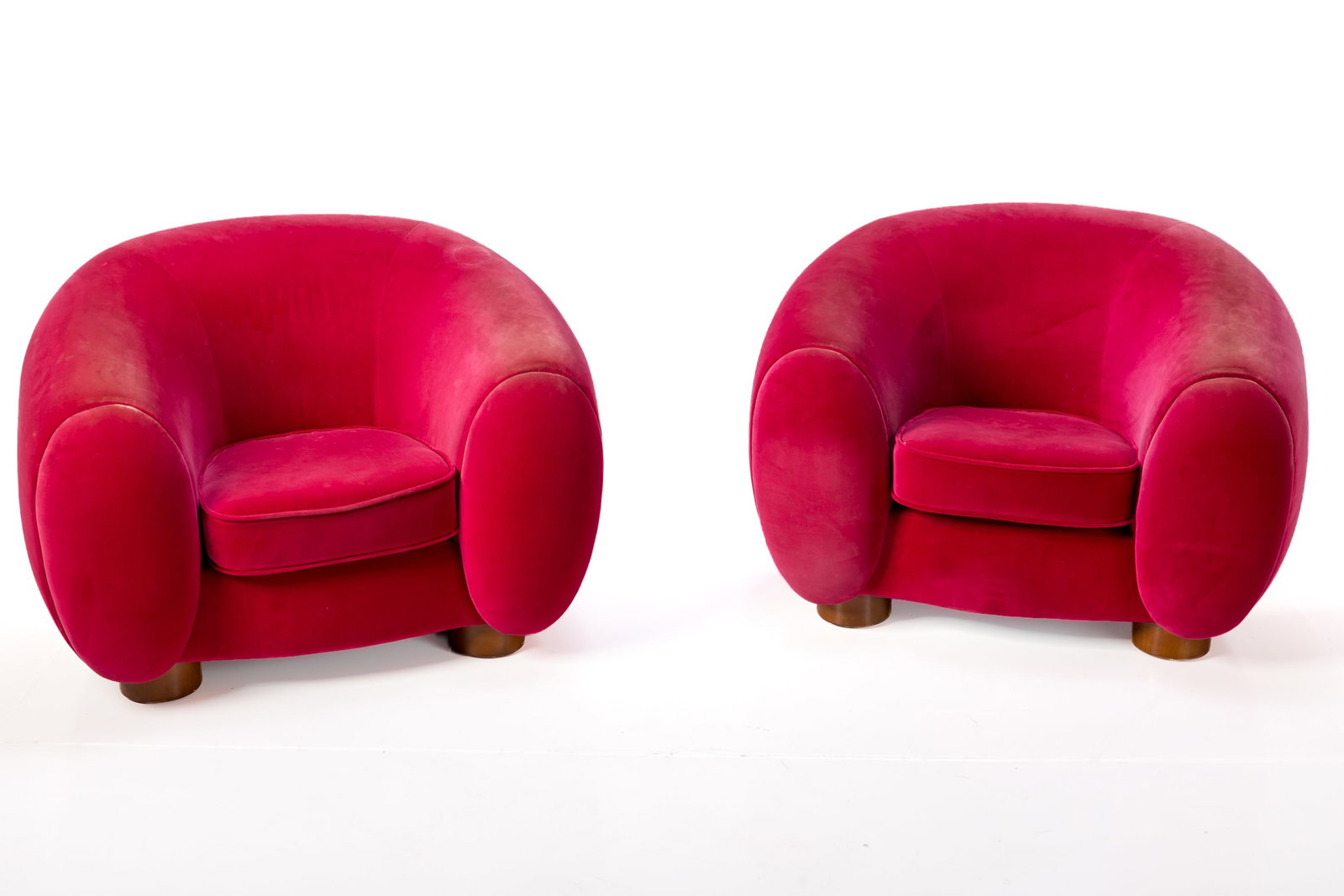 Jean Royere Style, 'Polar' Lounge Chairs (2): JEAN ROYERE STYLE Pair of 'Polar' lounge chairs, 21st century Velvet, wood. Each: 31" H x 38" W x 36" D Seat height: 15.5"