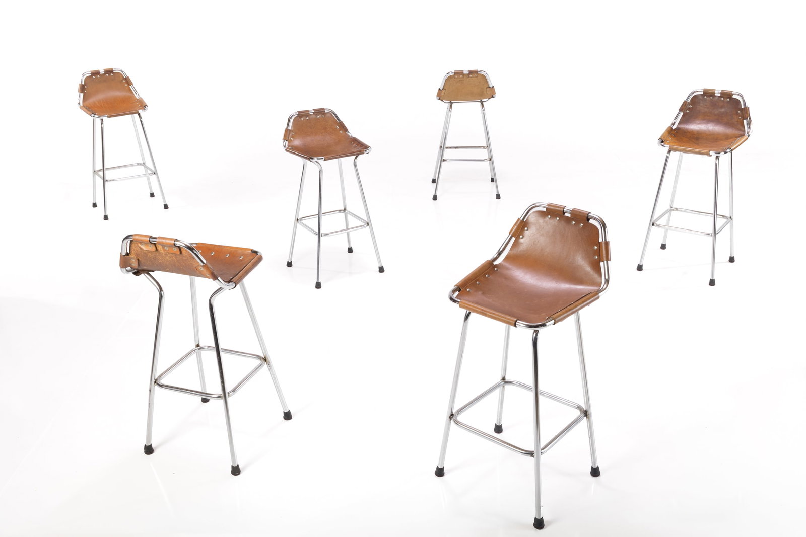 Charlotte Perriand, Tall Stools (6): CHARLOTTE PERRIAND Set of six barstools from Les Arcs, Savoie, ca. 1970 Leather, painted tubular steel. Made in France. Each: 35.5" H x 16.25" W x 16" D Seat height: 27"