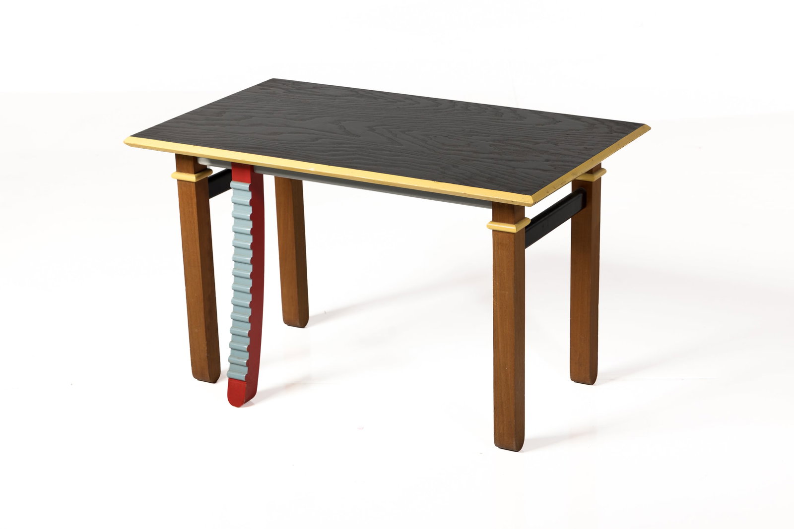 Postmodern, Side Table: POSTMODERN Side table, 1980s Lacquered wood, cerused oak, walnut. Studio-made, USA. 18.25" H x 20" W x 18" D