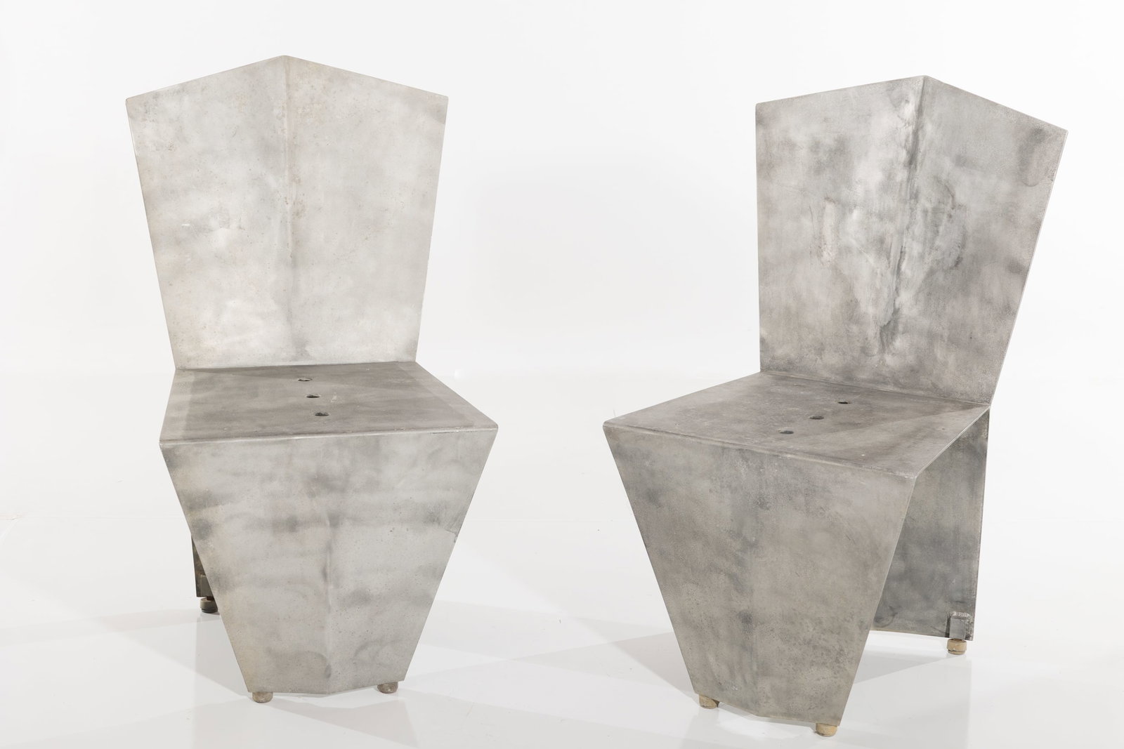 Architectural, Aluminum Chairs (2): ARCHITECTURAL Pair of chairs, 1980s Aluminum. Each: 38" H x 21.5" W x 25" D Seat Height: 18"