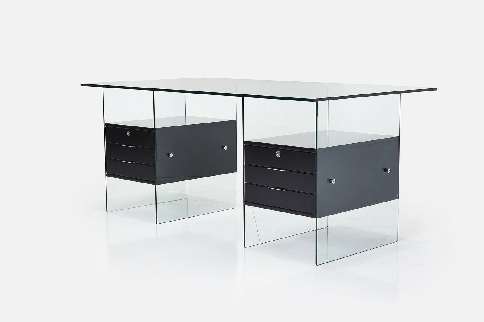 Postmodern, Glass Executive Desk: POSTMODERN Executive desk, 1980s Glass, lacquered wood, oak, chrome-plated steel. 29" H x 66" W x 36" D