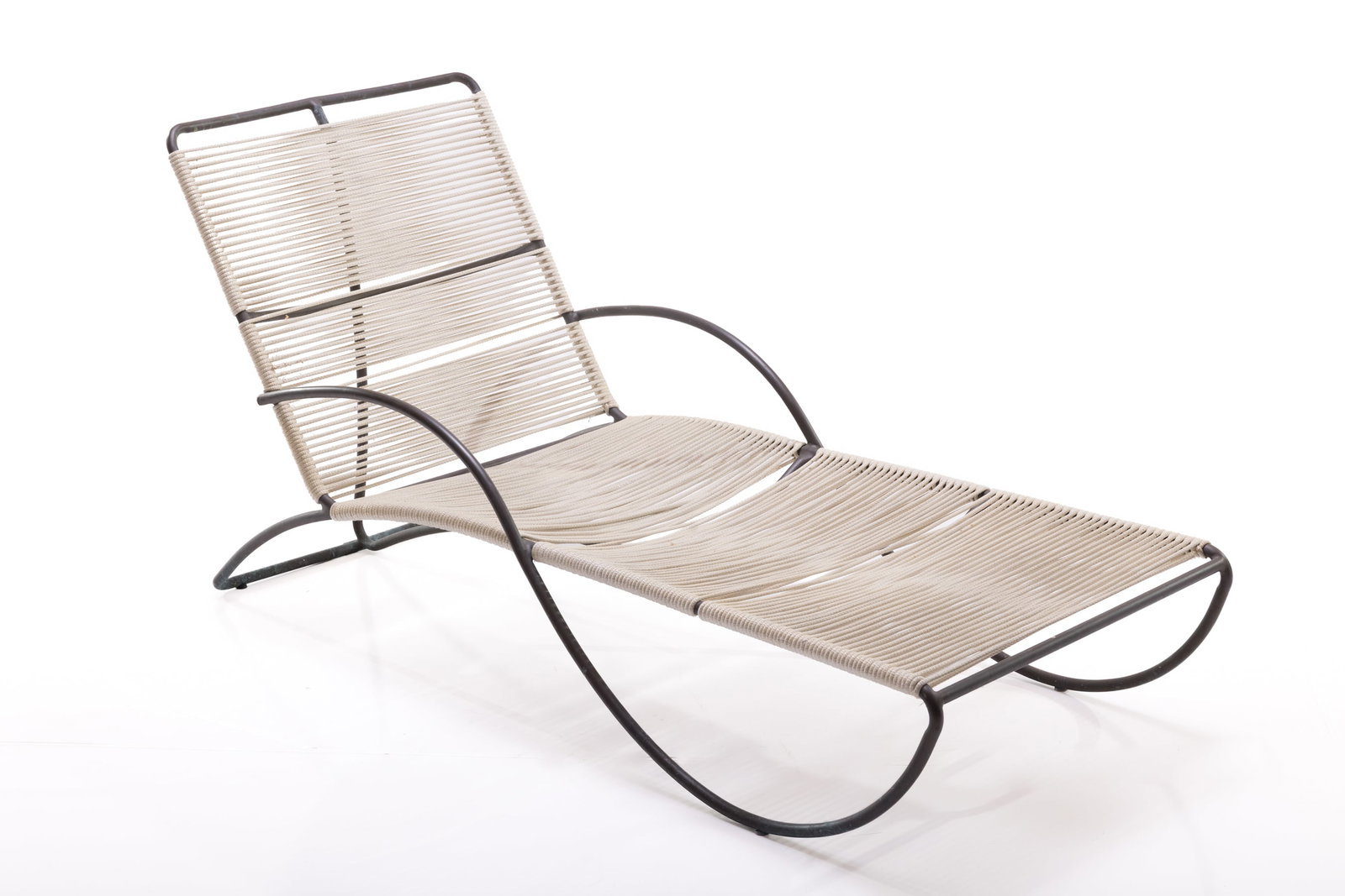 Walter Lamb, Chaise Lounge: WALTER LAMB Chaise lounge, model no. C-4700, ca. 1952 Tubular bronze, cotton rope. Manufactured by Brown Jordan, USA. Base with manufacturer's metal label. 31.75" H x 24"